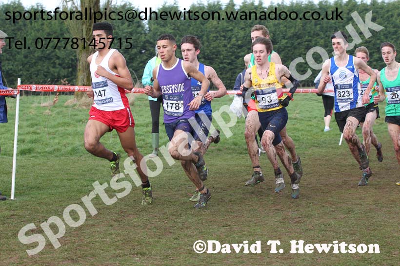 147 Jamaine Coleman (Lancashire), 178 Matthew Shirling (Merseyside) and Alex George (Gloucestershire) lead the under-20 mens Inter Counties Cross Country, Cofton Park, Birmingham. Photo: David T. Hewitson/Sports for All Pics